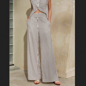 Commense Small White Black Striped Mid Rise Wide Leg Pants Summer Coastal NEW